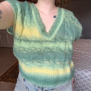 Vibrant Green and Yellow V-Neck Sweater